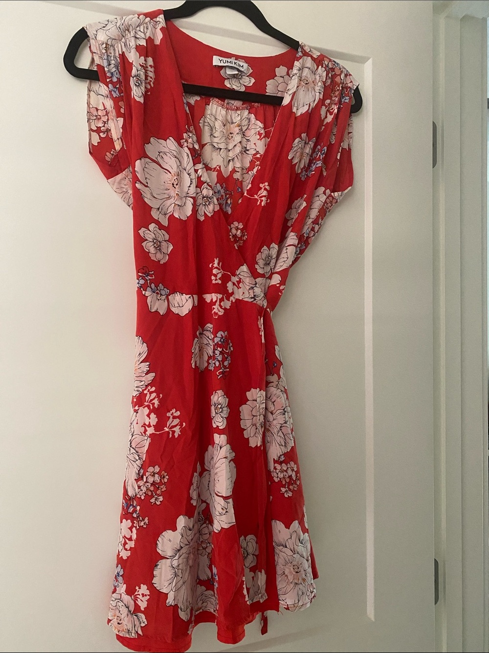 Yumi Kim Red Floral Wrap Midi Dress with White Blooms